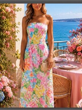 Lilly Pulitzer Strapless Floral Maxi Dress in Pastel Pink, Green, Yellow